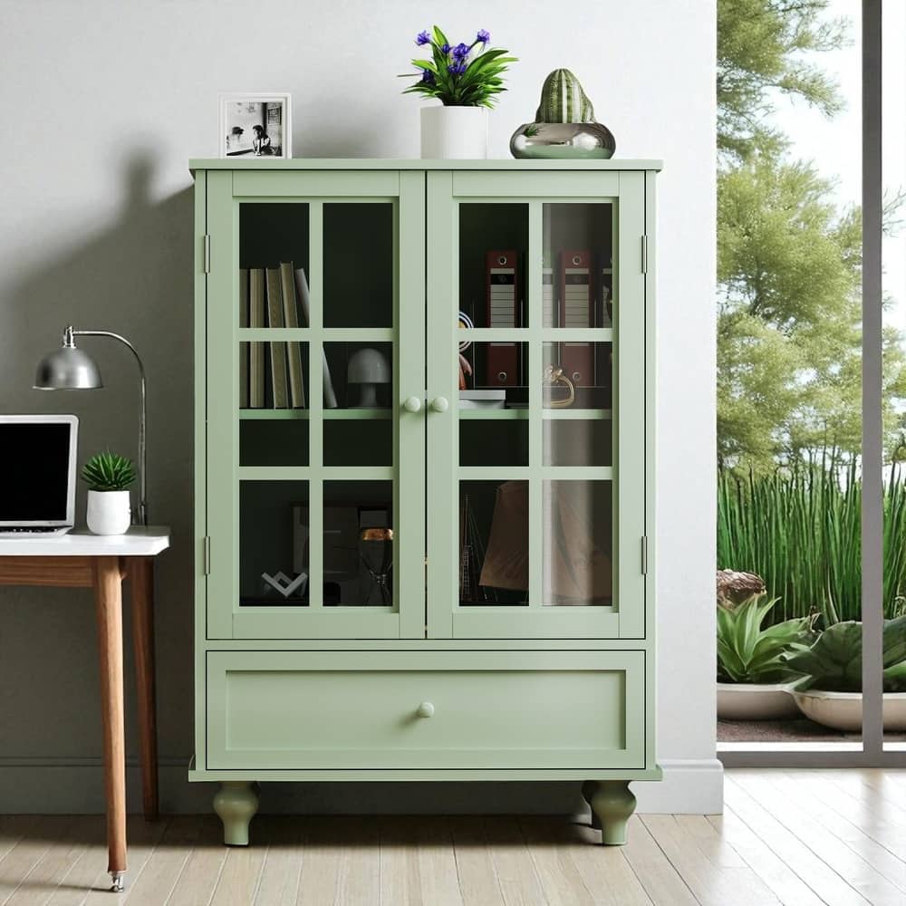 Modern Wooden Buffet Cabinet with Double Glass Doors & Drawer, Storage Sideboard for Dining Room & Entryway