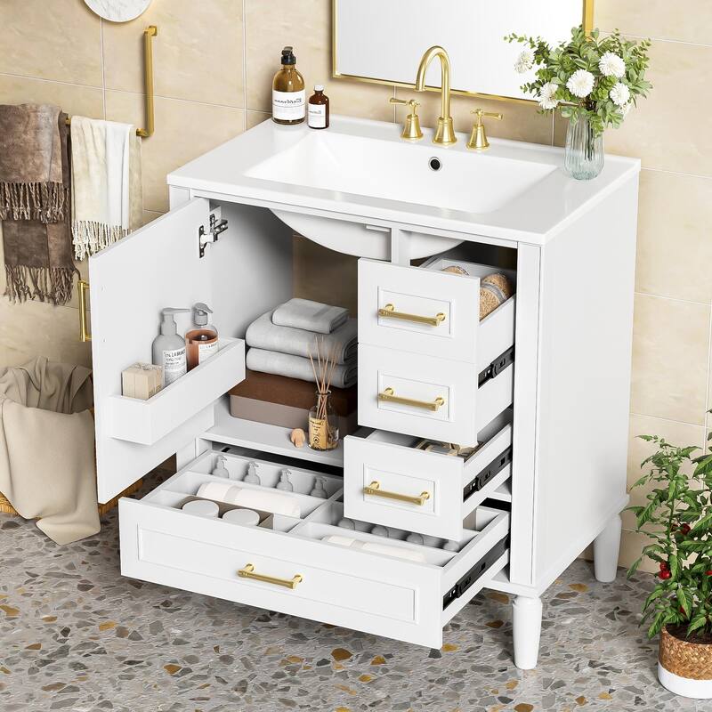 30" Bathroom Vanity with Ceramic Sink, Soft-Close Door with Built-in Shelf, Deep Drawer, Standard Drawer, Long Divider Drawer - White