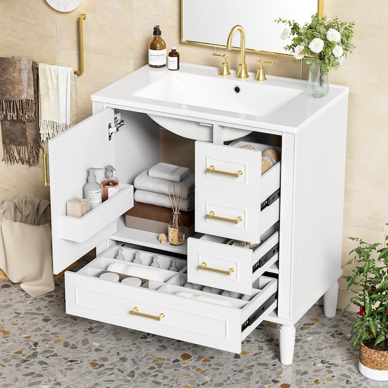 30"Bathroom Vanity with Ceramic Sink, Soft-Close Door with Built-in Shelf, Deep Drawer, Standard Drawer, Long Divider Drawer - White