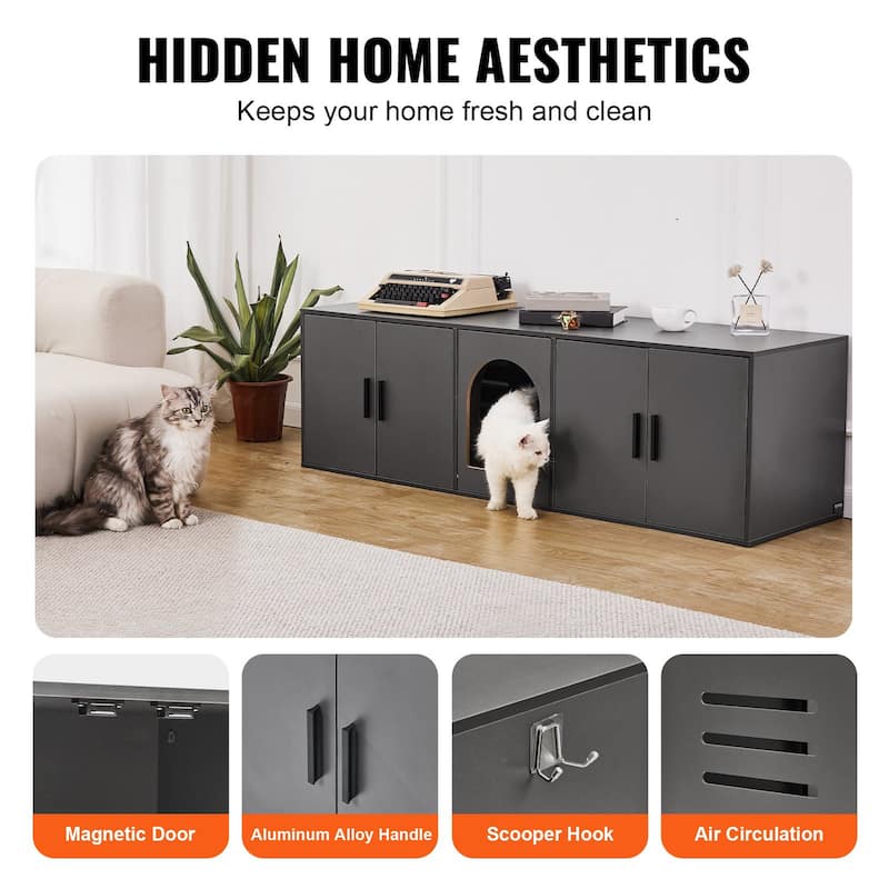 57.9" Black Cat Litter Box Enclosure Furniture Hidden with 5 Doors Suitable for Any Room