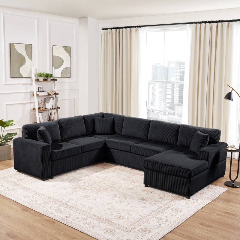 U-Shaped Oversized Corduroy Sectional Sofa with Chaise Lounge and Removable Cushions by Harper&Bright Designs - Black