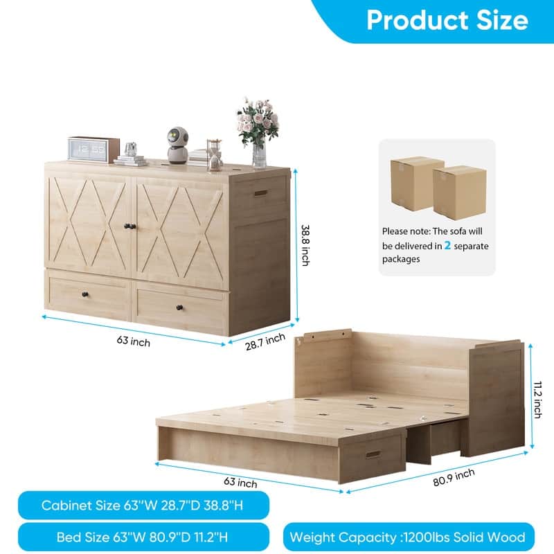 Mixoy Queen Size Murphy Bed with Charging Station & Storage Drawer,Space-Saving Design,Optional Mattress