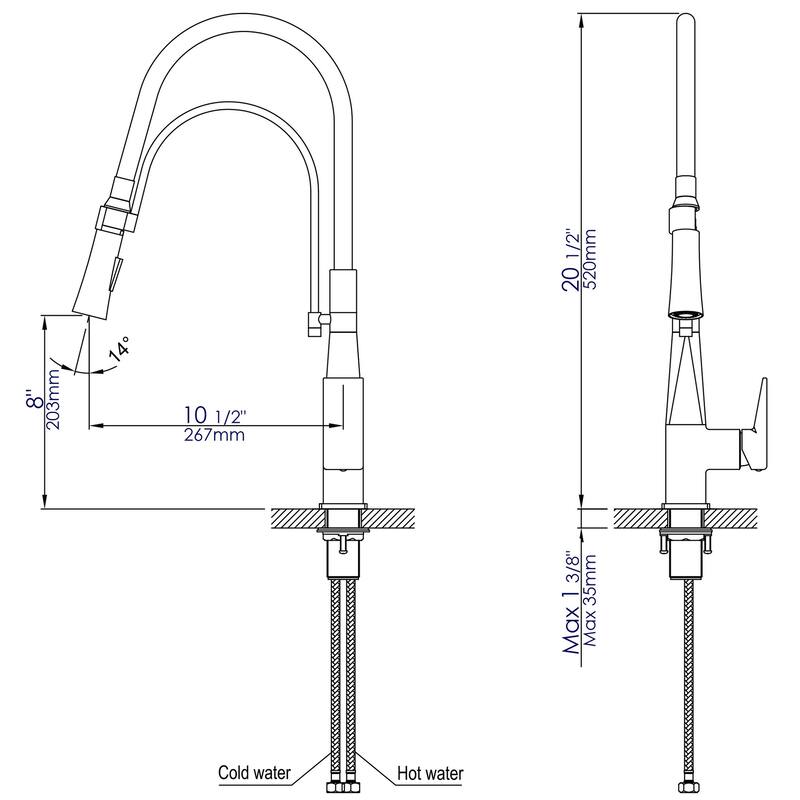 Brushed Nickel Square Kitchen Faucet with Black Rubber Stem