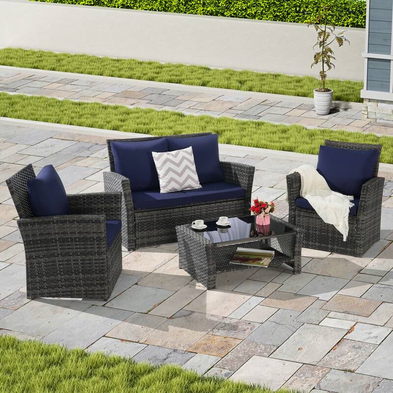 4 Piece Outdoor Rattan Conversation Furniture Sets, All Weather Patio Wicker Chair Set with Tempered Glass Coffee Table