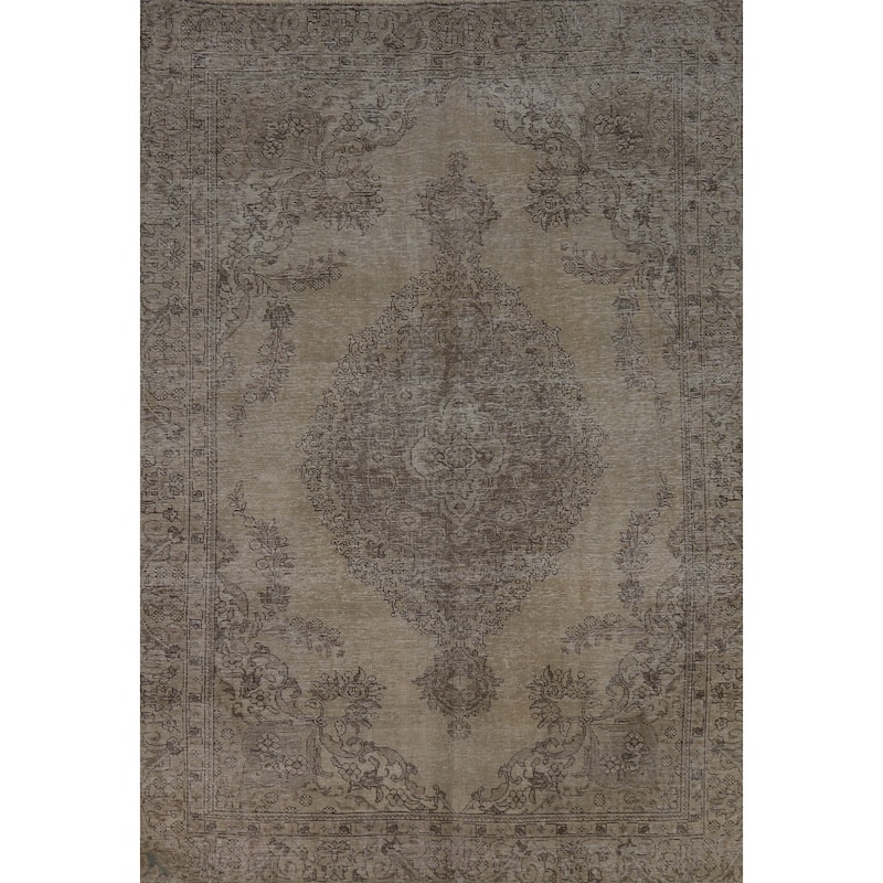 Distressed Tabriz Persian Area Rug Hand-Knotted Green Wool Carpet - 6'5" x 9'0"