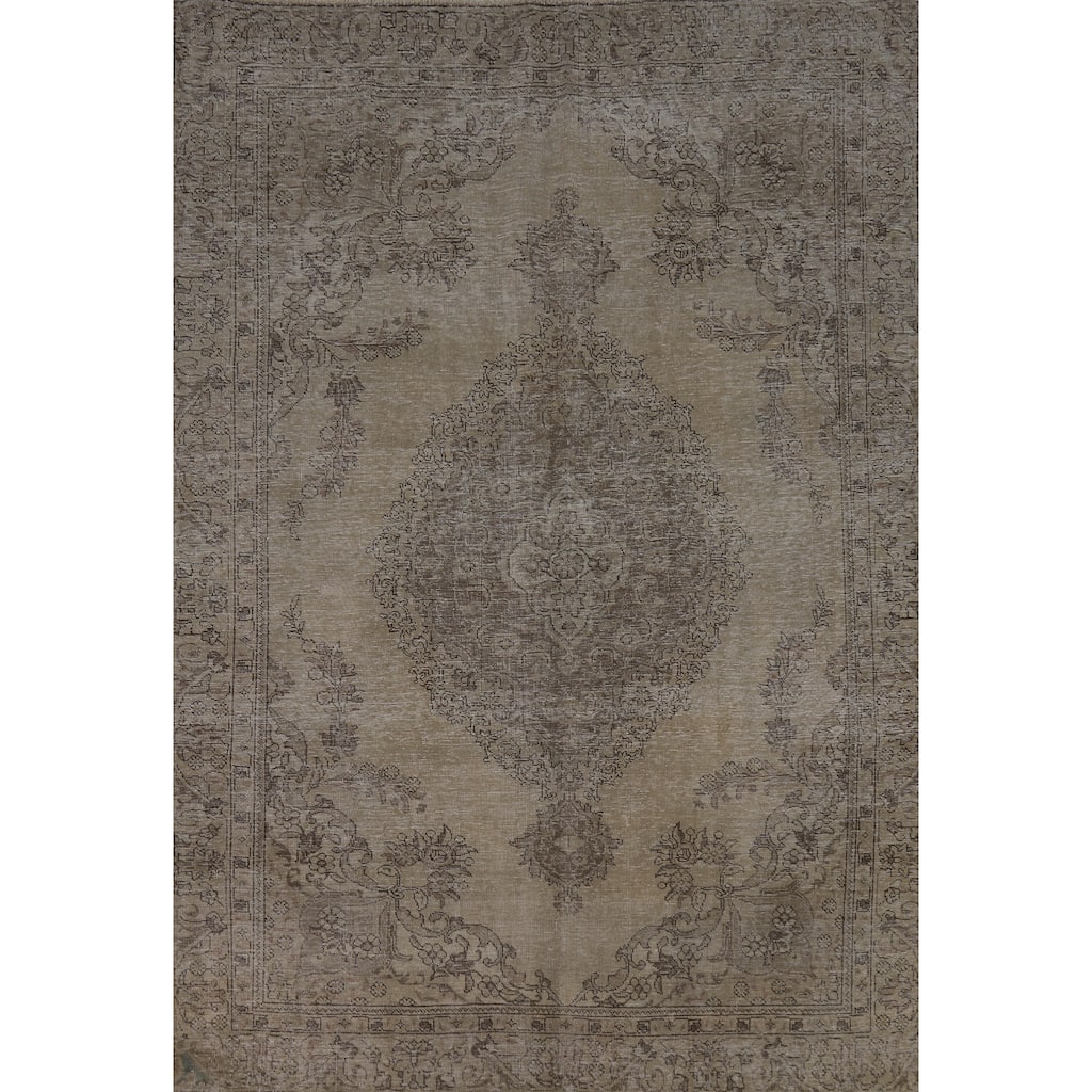 Distressed Tabriz Persian Area Rug Hand-Knotted Green Wool Carpet - 6'5" x 9'0"