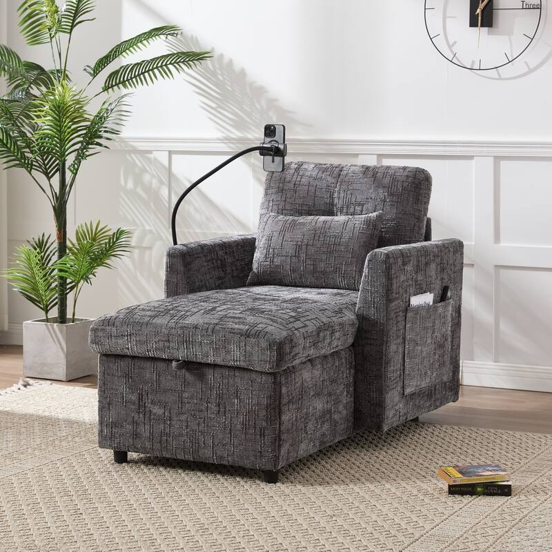 HOMEFUN Chenille Upholstered Storage Lazy Single Leisure Chair Sofa with Phone Holder - Grey