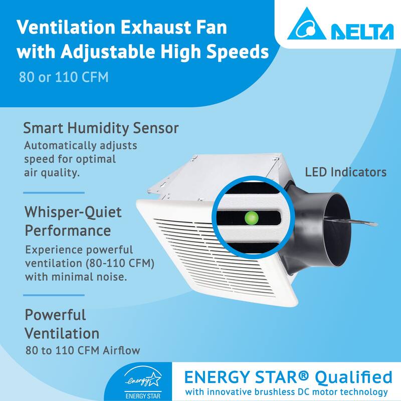 Delta Breez Bath Exhaust Fan with Adjustable High Speeds, 80 or 110 CFM, White - 8