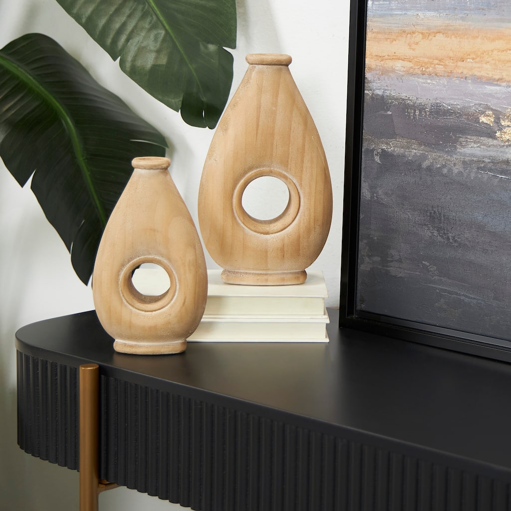 Brown Wood Teardrop Decorative Vase with Cutout Center (Set of 2)