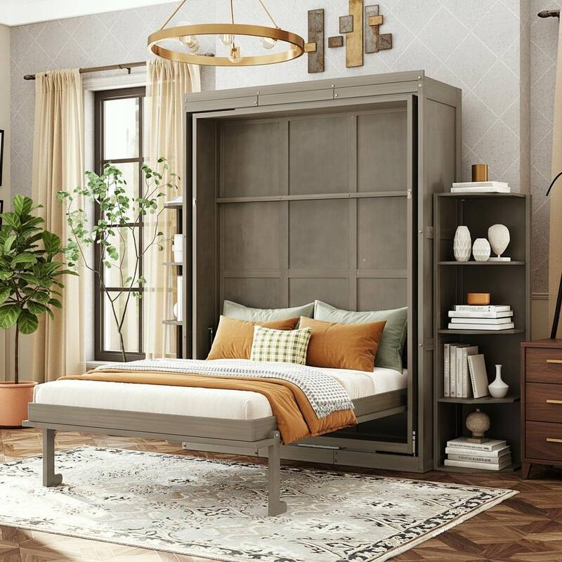 360° Rotating Queen Murphy Wall Bed with Hidden Cabinet, Fold-Down Desk & Dual 3-Tier Bookcase Towers by Harper&Bright Designs