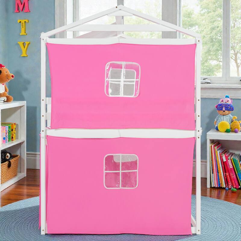 Twin/Full Wood House Bunk Bed with Tent, Playhouse Design, Windows & Roof, Solid Wood Frame, No Box Spring Required