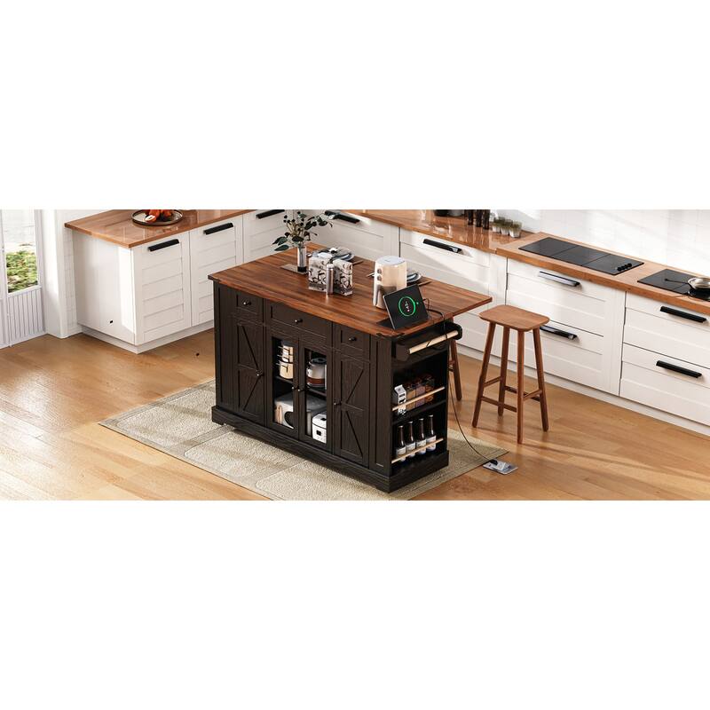 Roomfitters 53" Rolling Kitchen Island with Drop Leaf, Mobile Cart with Glass Doors, 5 Side Shelves & Power Outlets