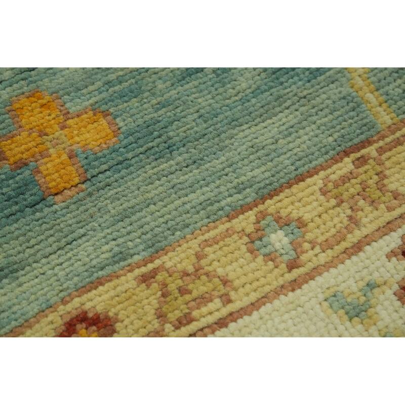 Handmade Blue Oushak Vegetable Dye Area Rug, Medallion Geometric Carpet - 13' 5'' X 10' 2''