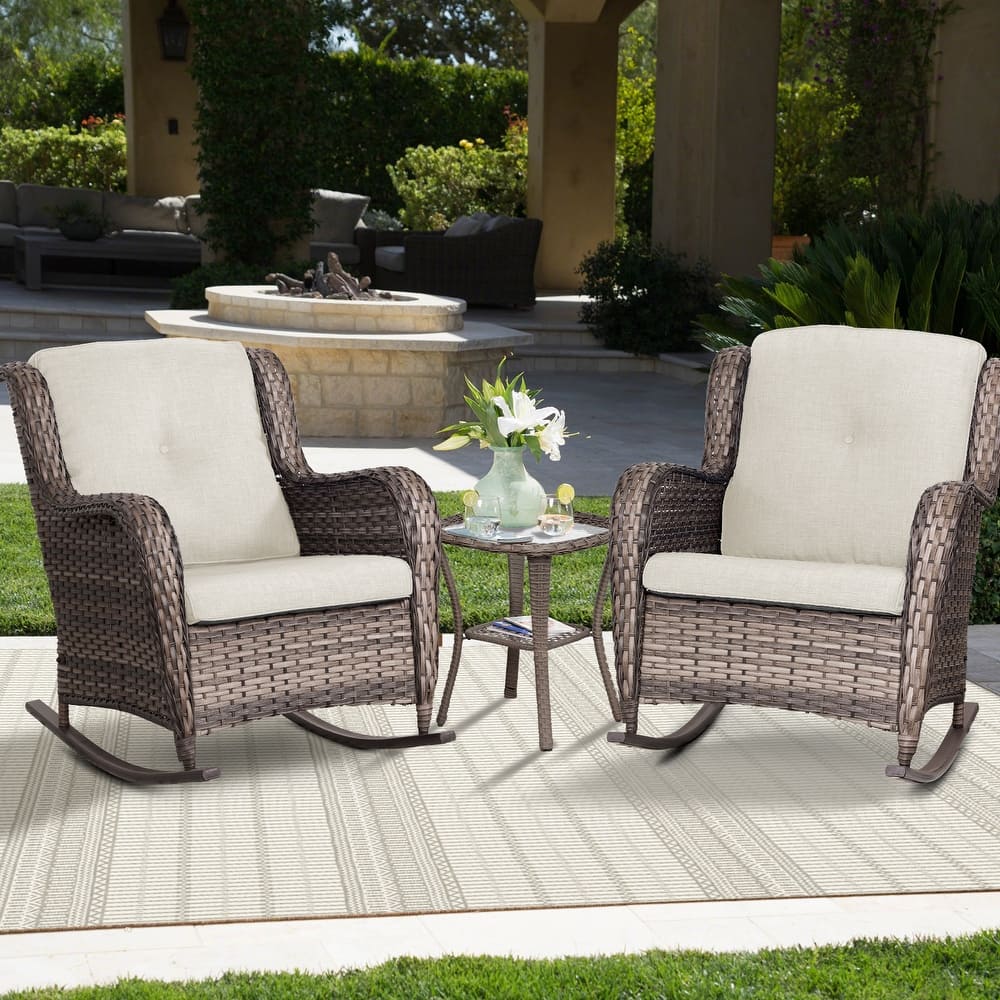 Cozywor 3-Piece Patio Wicker Outdoor Rocking Chair Set