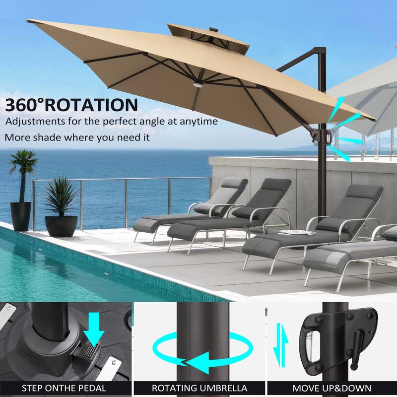 10 X 13 FT Outdoor Patio Cantilever Umbrella with Solar Lights Double Canopy 360 RotationTilt
