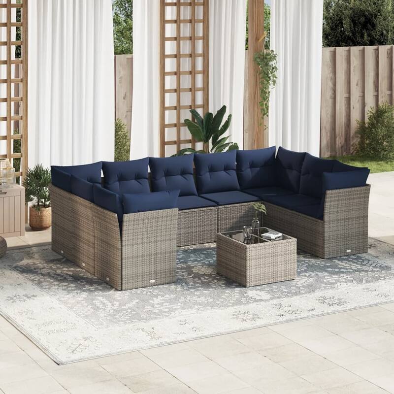 vidaXL 9/10 Piece Patio Sofa Set with Cushions Black/Brown/Gray Poly Rattan - 21.7 x 24.4 x 27.2 - Beige and gray With table