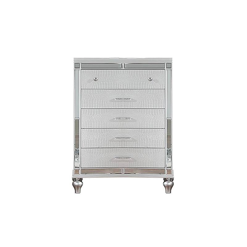 Contemporary Style Bed Dresser Mirror Chest And Nightstand Set Silver Finish Bedroom Furniture