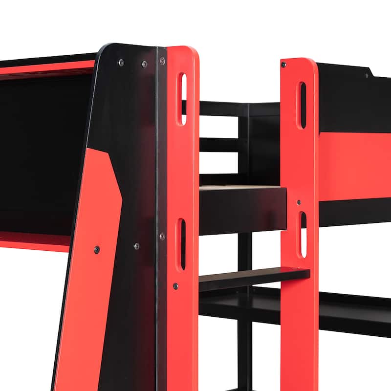 Full Size Gaming Loft Bed Station with Desk, Storage Shelves & RGB LED Lights