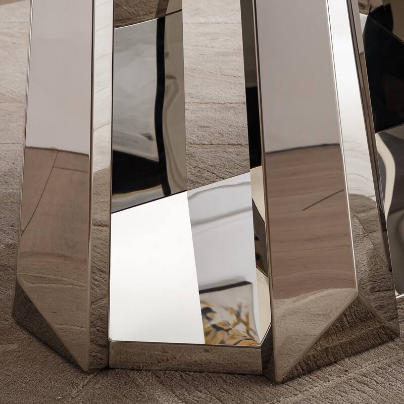 70'' Rectangle Faux Marble Dining Table with Mirrored Finish Stainless Steel Base - Silver+White