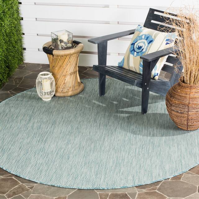 SAFAVIEH Courtyard Carolann Indoor/ Outdoor Waterproof Patio Backyard Rug - 9' x 9' Round - Aqua/Grey