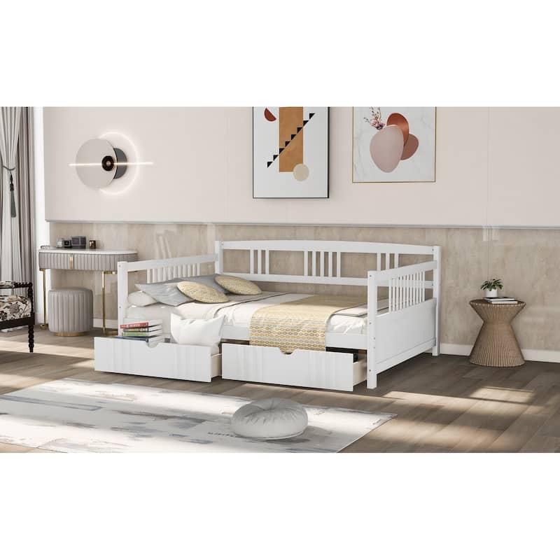 Daybed with 2 Drawers, Wood Frame, Safety Guardrails & Slat Support