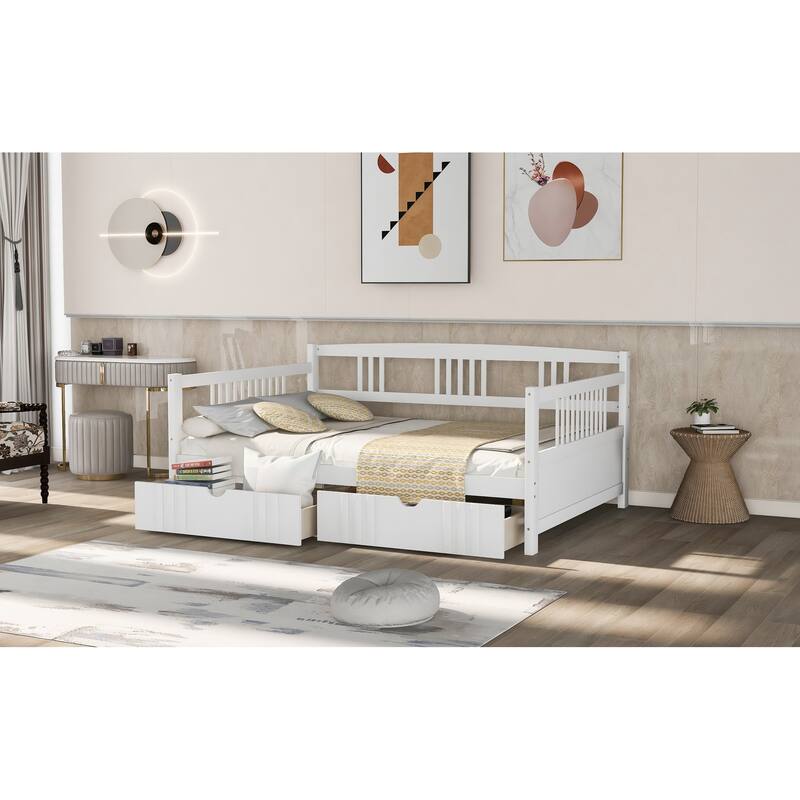 Daybed with Two Drawers, Solid Wood Frame, Guardrails, No Box Spring Needed