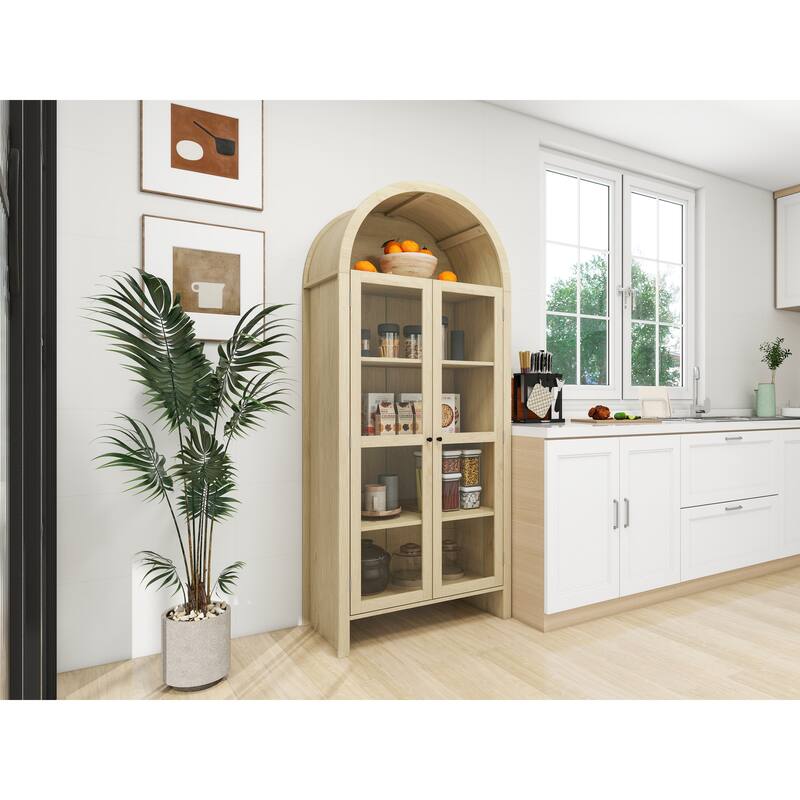 Roomfitters 70.28" Tall Arched Kitchen Pantry Cabinet, Modern Farmhouse Storage Cabinet with Glass Doors, Natural