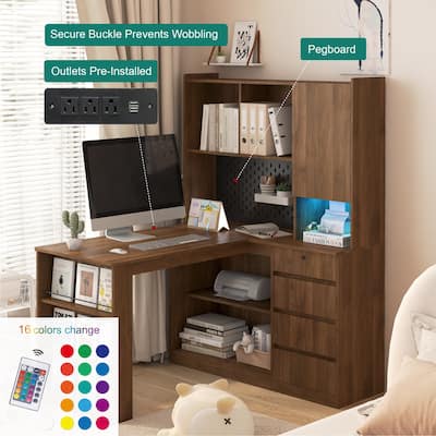 Home Office Desk with Hutch, Drawers & Bookshelf, 2-in-1 L-Shaped Gaming Computer Desk, Writing Desk with LED Light