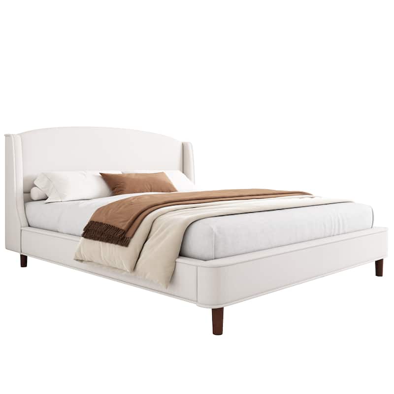 King Size Bed Frame with Wood Slat Frame Built-in Metal Legs Support, Linen Fabric Upholstered Headboard Wingback Platform Bed