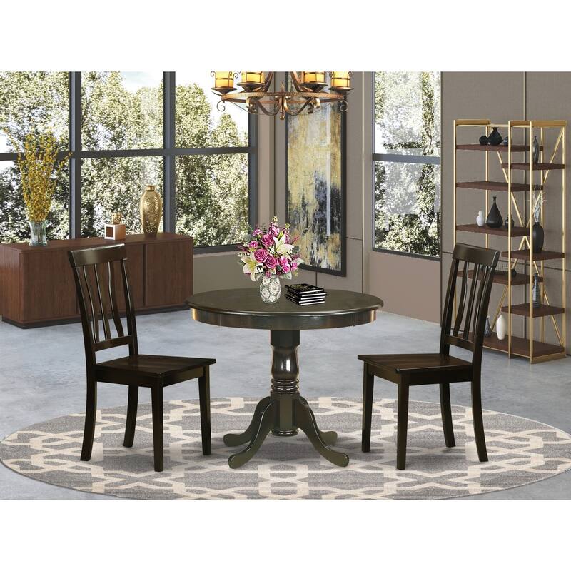 3-Piece Round Cappuccino Finish Solid Wood Top Dining Table with 2-Chairs with