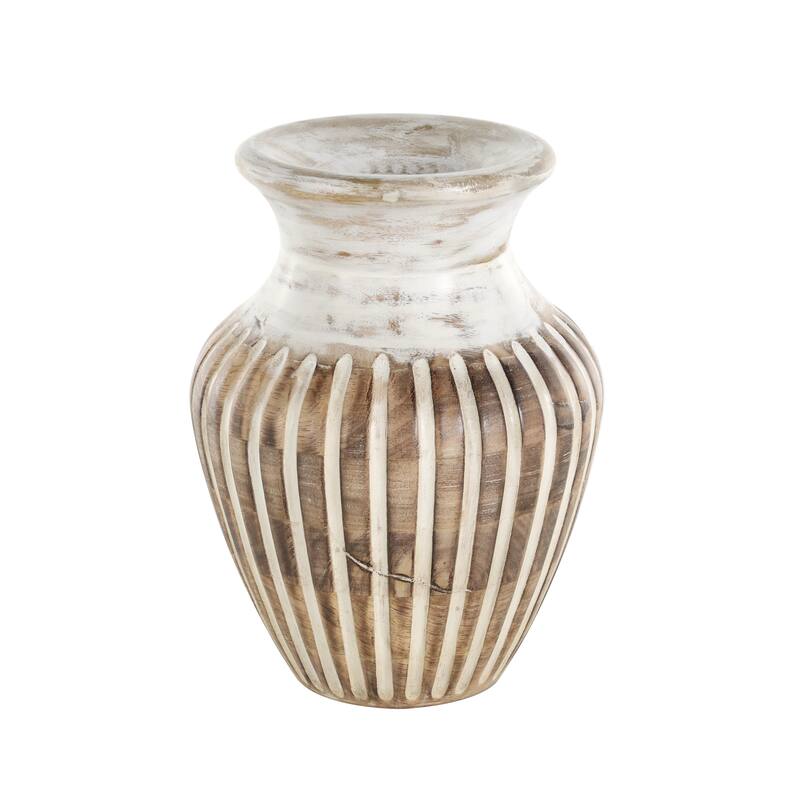 Mango Wood Distressed Decorative Vase with Carved Grooves - Brown - Roche River Decor