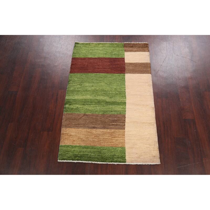 Hand Knotted Oriental 100% Wool Carpet Tribal Contemporary Green Gabbeh (kashkoli) Area Rug - 5' 1'' X 3' 5''