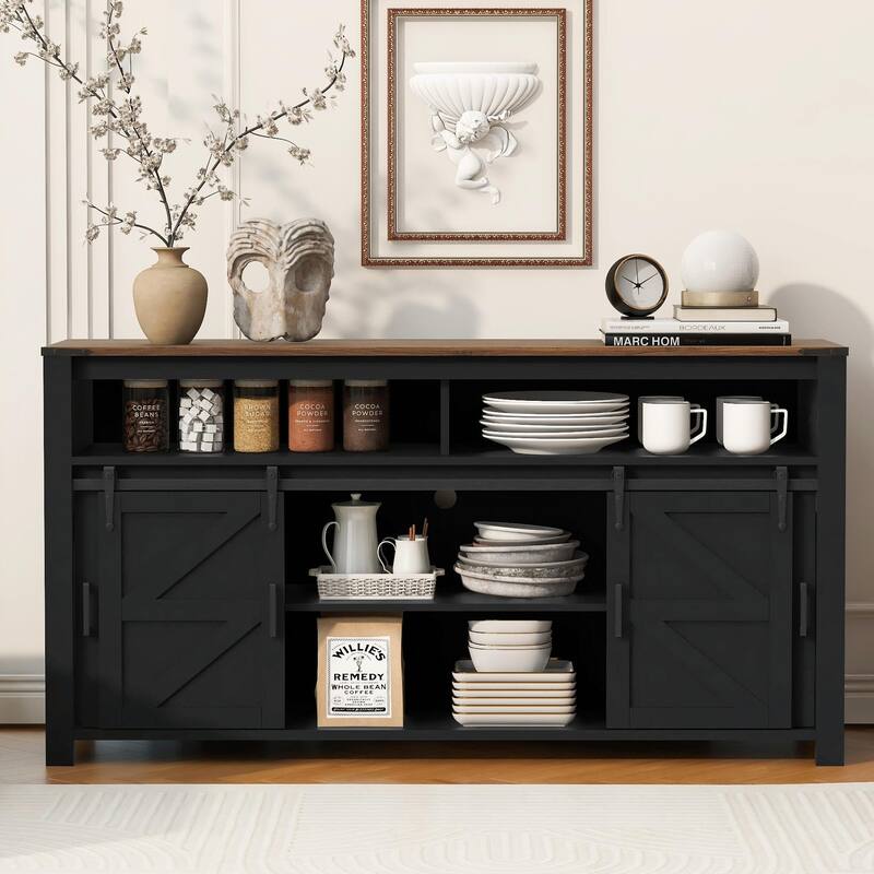 59.3'' Sideboard with Sliding Barn Door and Mesh Panels, Farmhouse Buffet with Open Storage