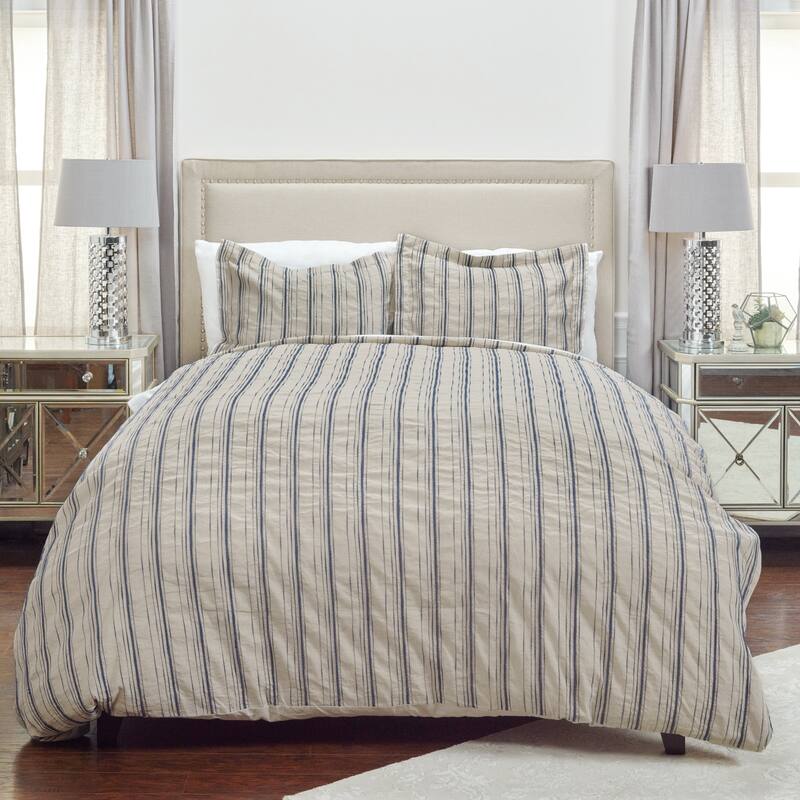 Vincent III Woven Stripe Linen Duvet in Natural/Navy - King