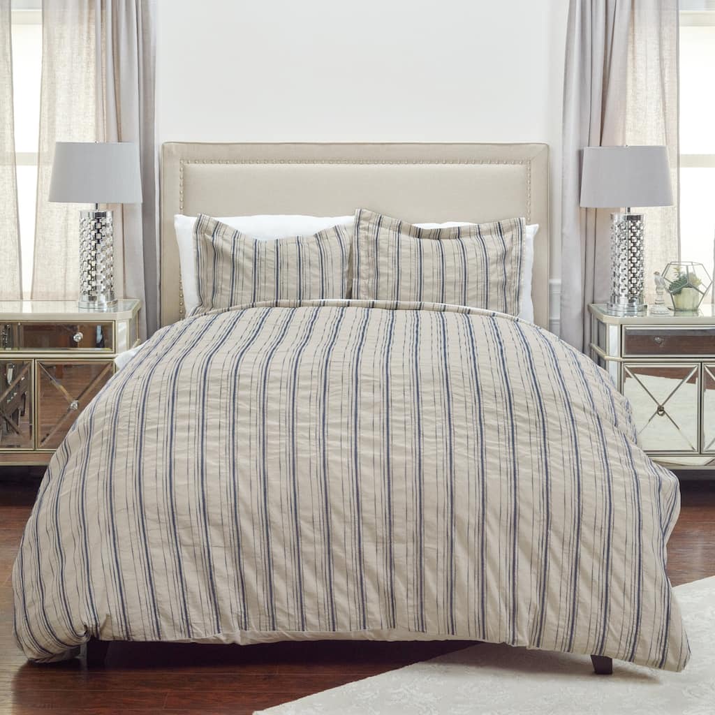 Vincent III Woven Stripe Linen Duvet in Natural/Navy