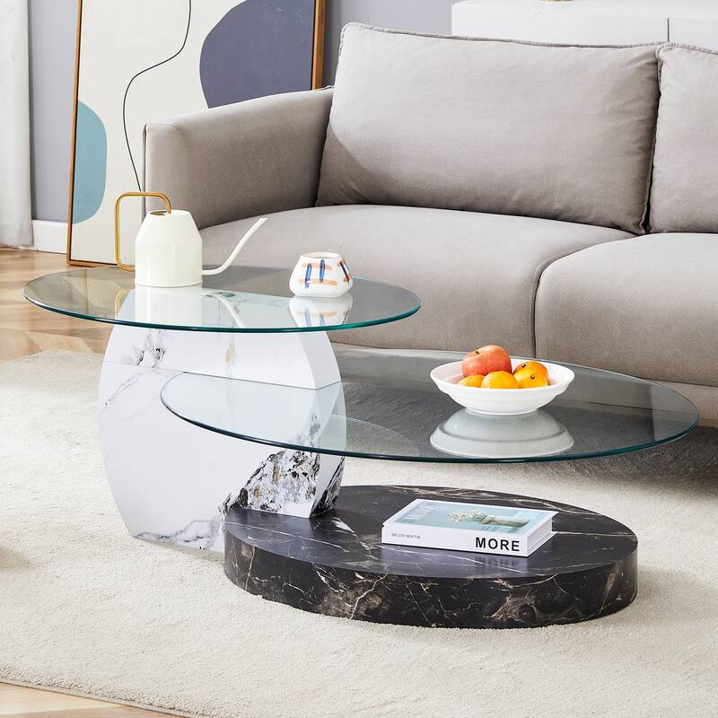 Roomfitters Double Layer Coffee Table with White Marble and Wood Grain Finish, Artistic Modern Design - White+Black