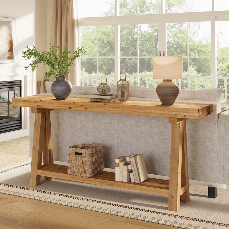70.87-Inch Solid Wood Console Table with Shelves for Entryway