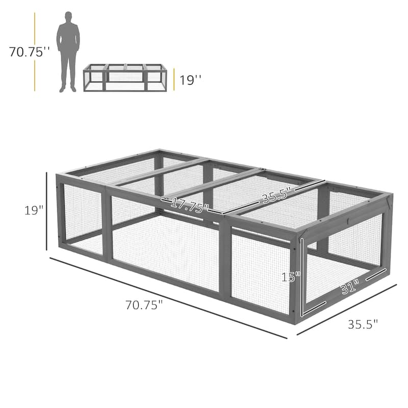 Grey Fir Wood Bunny Hutch with Large Run and Metal Wire Space for Small Pets - 70.75" L x 35.5" W x 19" H