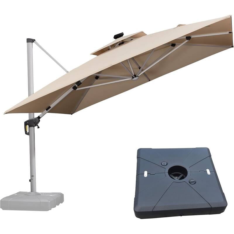 PURPLE LEAF 9/10/11 ft Square 09x12 ft Rectangle Double Top LED Patio Cantilever Umbrella with Base