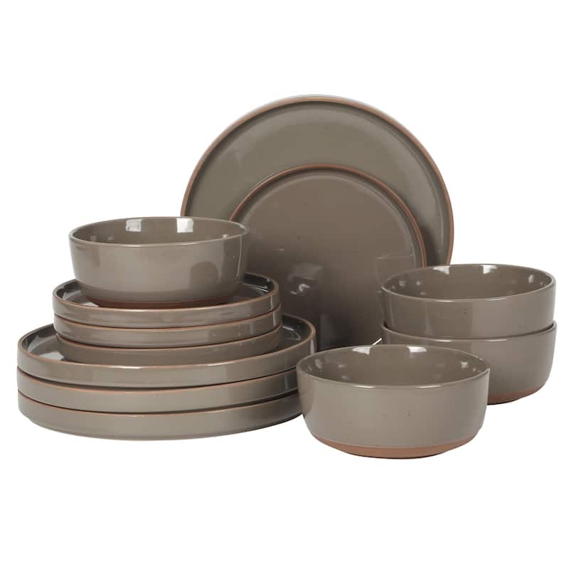 Gibson Elite Northrock Stoneware Dinnerware Set, 16-Piece Service for 4 - Plates & Bowls with Hand-Painted Terracotta Base - Grey