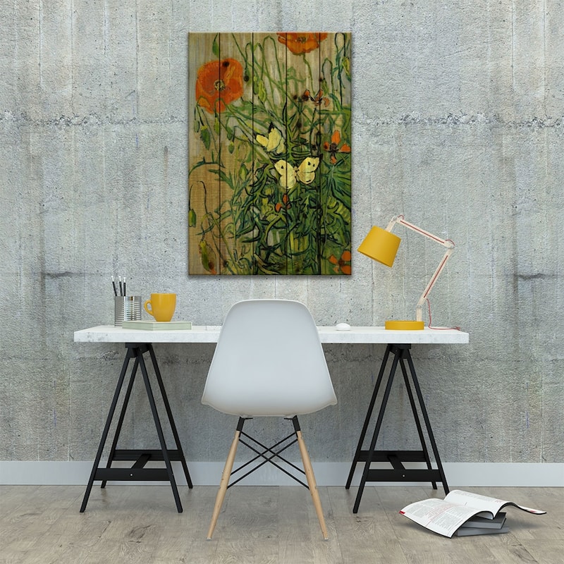 Butterflies and Poppies Print On Wood by Vincent van Gogh - Multi-Color