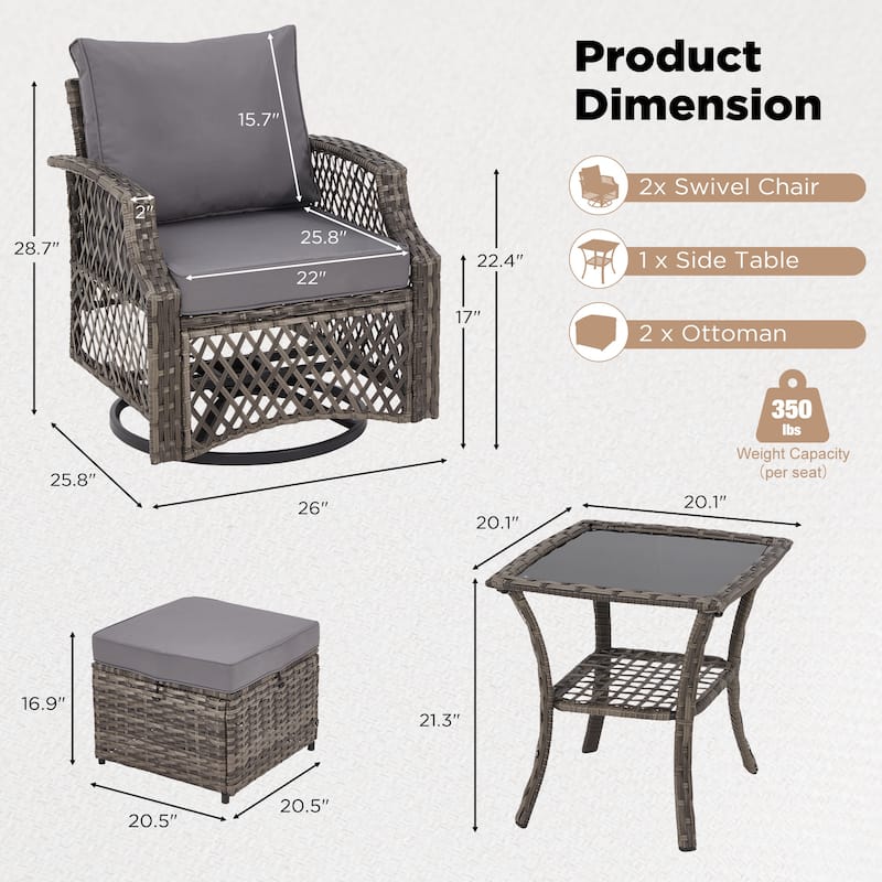 Outdoor Wicker Patio Set w Swivel Chairs & Sofa, Ottomans and Tables, Modular 3/5/6/7-Piece, All-Weather Conversation Set.