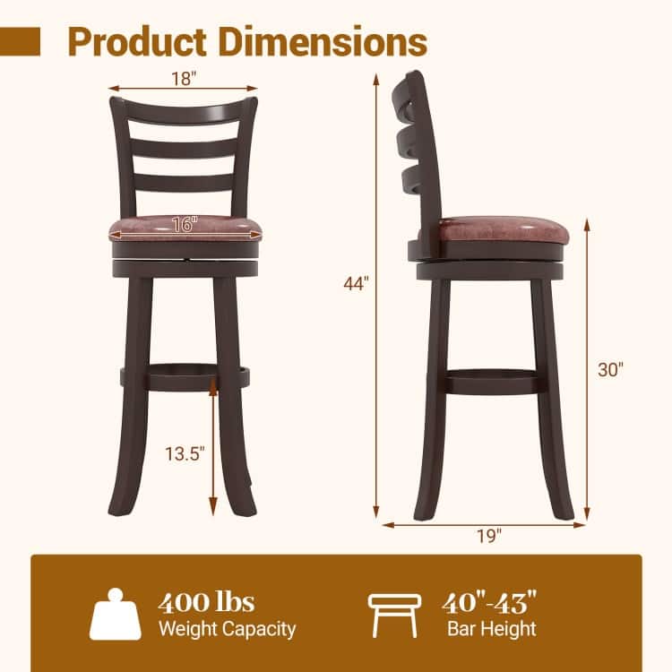 Set of 2 Cappuccino Rubber Wood MDF Swivel Bar Stools with Faux Leather and Footrest