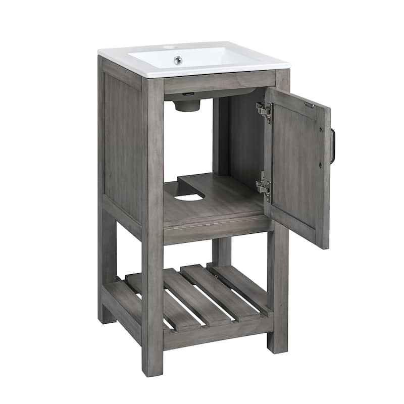 16" Compact Bathroom Vanity Sink Combo Featuring A Rectangular Ceramic Basin, Single Door Storage, And Open Shelf. - 16"
