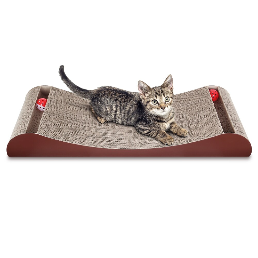 Cat Scratcher Cardboard Lounge Bed with Bell Ball Toy Brown
