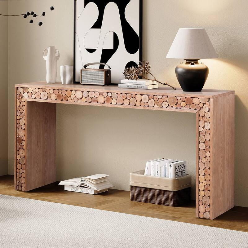 Rustic Wood Console Table with Natural Log Accents for Entryway or Hallway Display and Organization