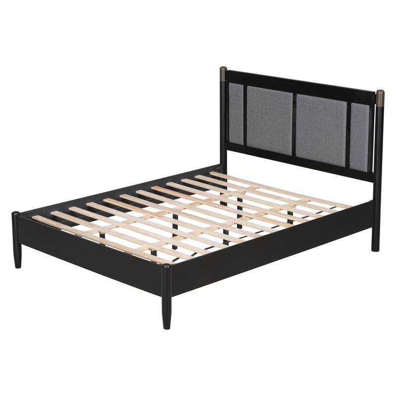 Roomfitters Queen Premium Wood Bed Frame, Heavy Duty 500lbs Support, Upholstered Headboard with Metal Accents