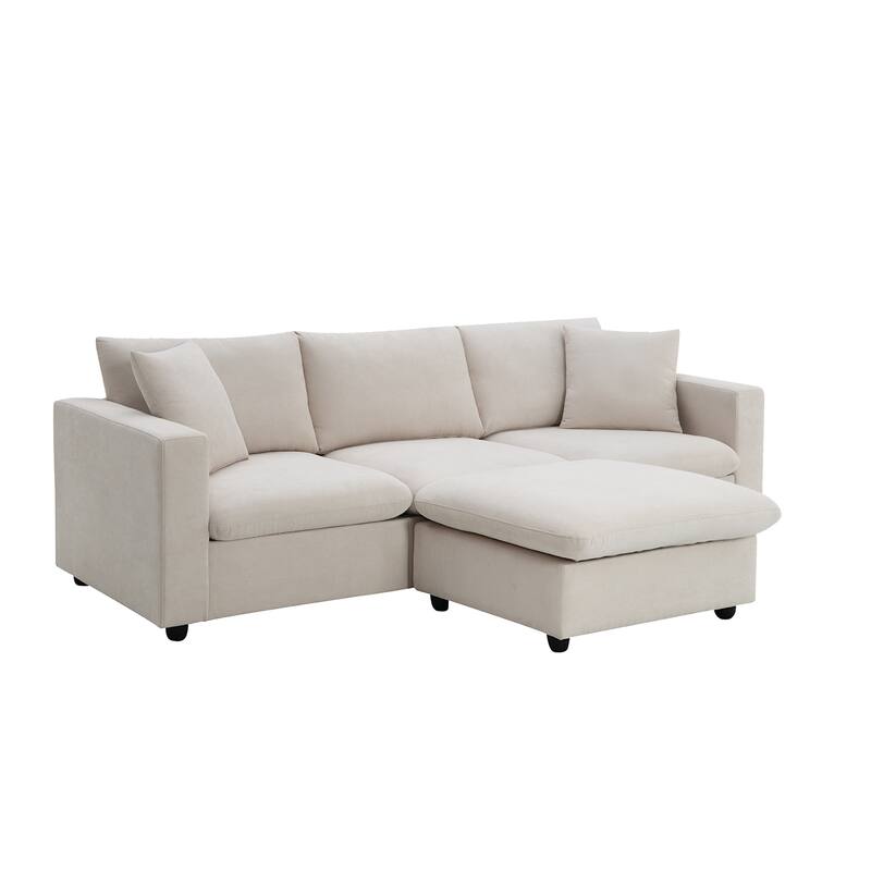 L-shaped Polyester Fabric Couch Set with 2 Free Pillows and Convertible Ottoman