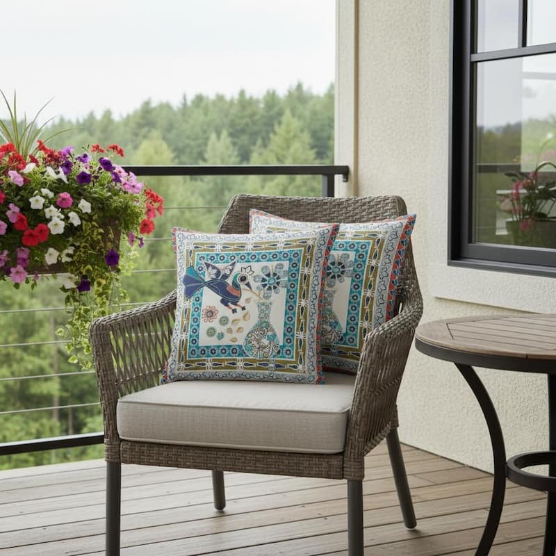 HomeRoots Set of Two 16" X 16" Beige and Green Peacock Blown Seam Floral Indoor Outdoor Throw Pillow - 16.00' X '16.00' X '5.00 - Beige/Green - 16.00' X '16.00' X '5.00