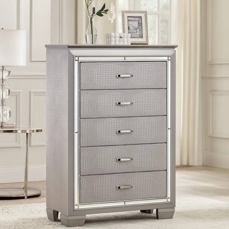 Contemporary Style Five Drawer Wooden Chest, Silver